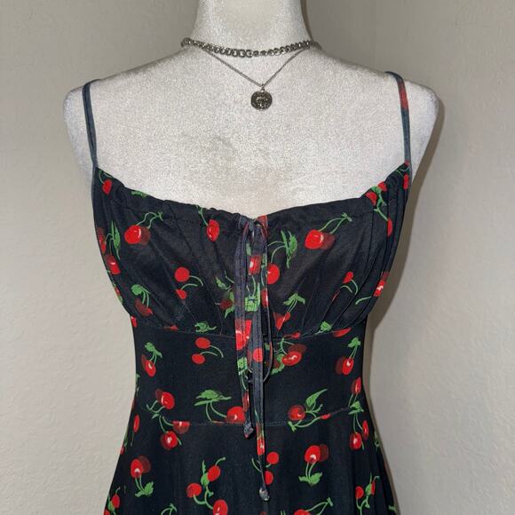 Cherry Print Mini Milkmaid Black Dress Women's Size S/M Casual Preppy - Picture 4 of 7